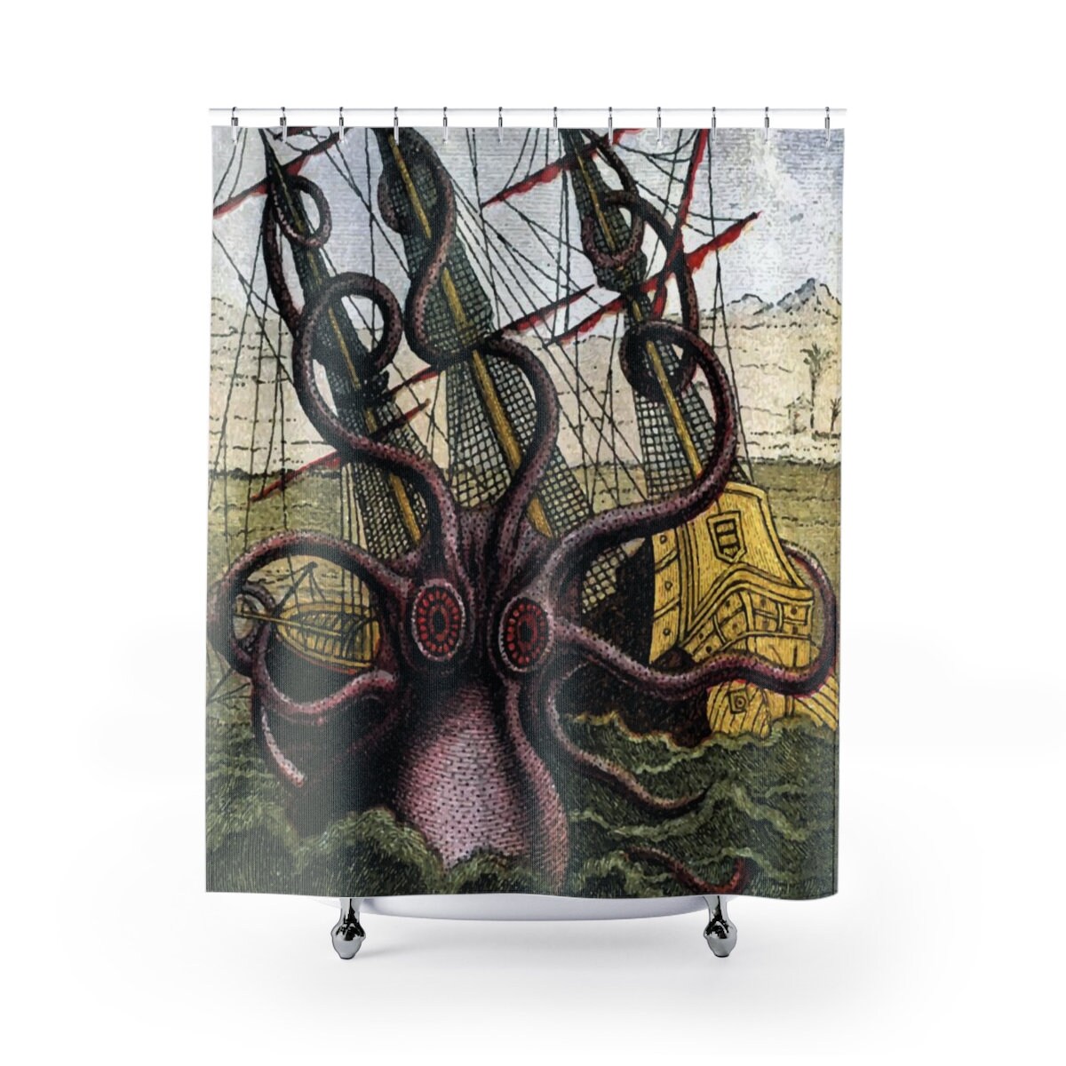 Vintage Kraken Attacks Ship Shower Curtain Antique Illustration Pierre Denys de Montfort Bath Decor