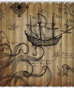 Vintage Kraken Sailboat Map Print Shower Curtain Nautical Ocean Adventure Rustic Wooden Bathroom Decor