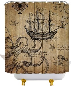 Vintage Kraken Sailboat Map Print Shower Curtain Nautical Ocean Adventure Rustic Wooden Bathroom Decor