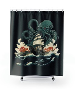 Vintage Kraken Sea Monster Shower Curtain Ukiyo-e Inspired Art Cool Bathroom Decor