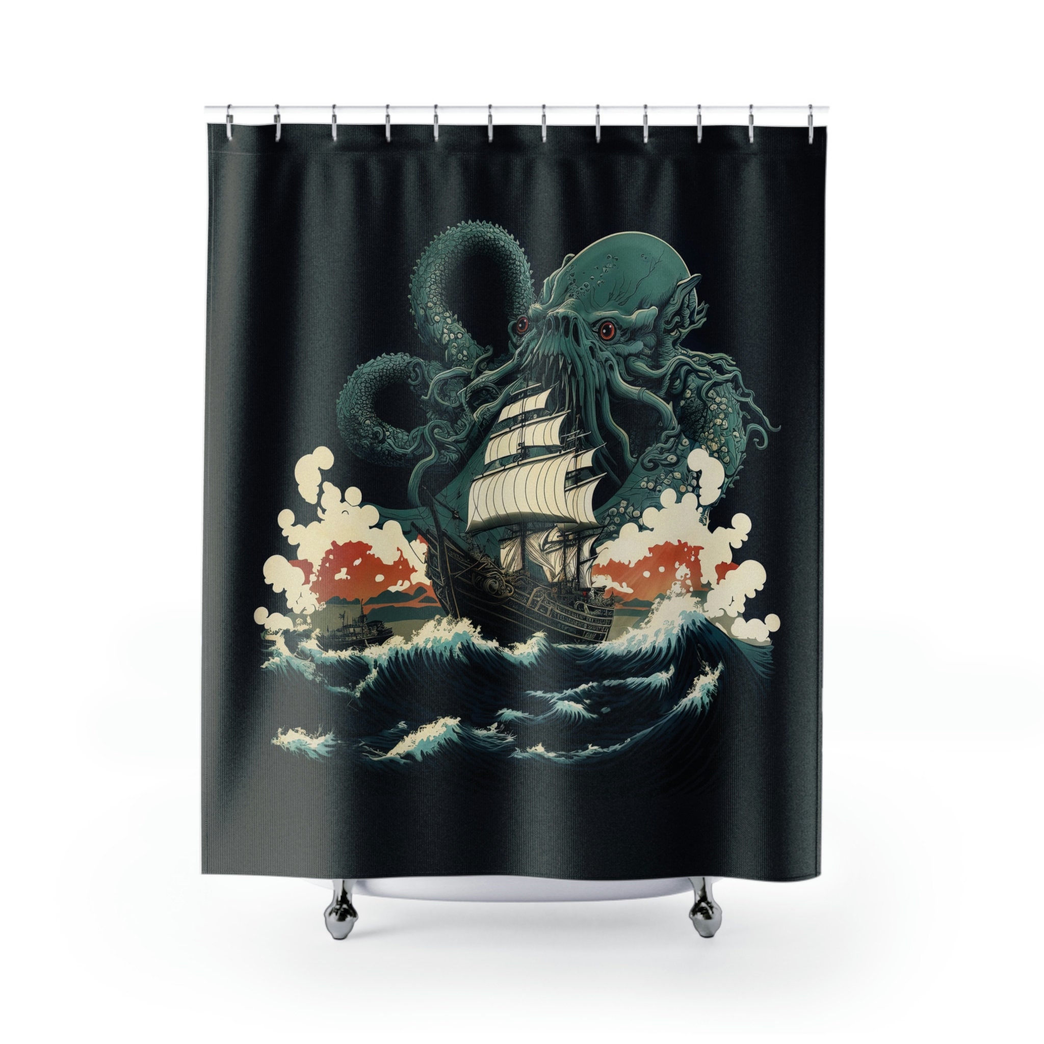 Vintage Kraken Sea Monster Shower Curtain Ukiyo-e Inspired Art Cool Bathroom Decor