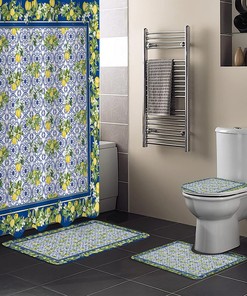 Vintage Lemon Tile Pattern Blue Shower Curtain for Nostalgic Bathroom