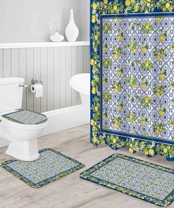 Vintage Lemon Tile Pattern Blue Shower Curtain for Nostalgic Bathroom