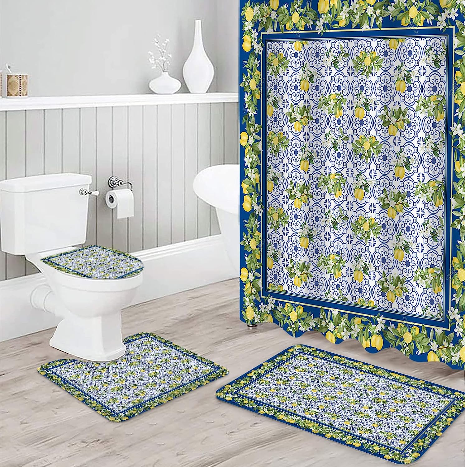 Vintage Lemon Tile Pattern Blue Shower Curtain for Nostalgic Bathroom