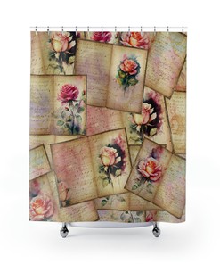 Vintage Love Letters and Roses Shower Curtain: Romantic Bathroom Decor, Waterproof Fabric