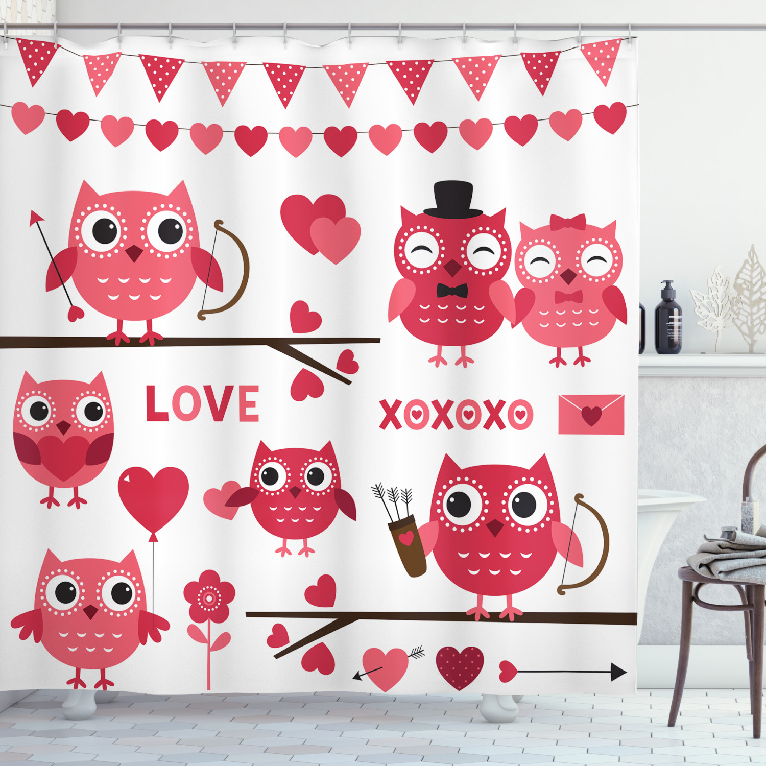 Vintage Love Owls Illustration Valentine's Day Decor Shower Curtain - Print Shower Curtain