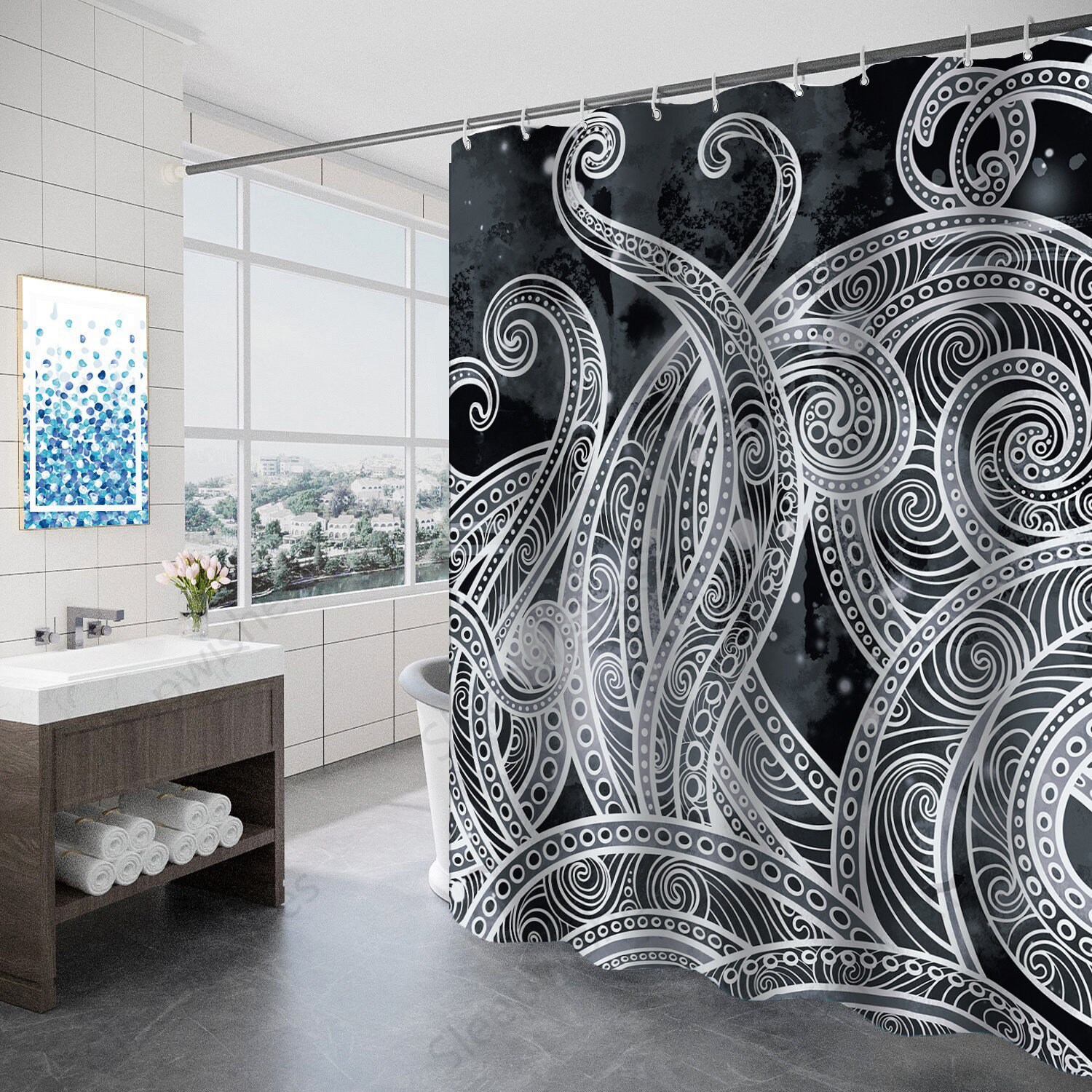 Vintage Marine Life Octopus Abstract Shower Curtain Modern Art Creative Bathroom Decor