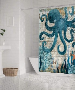 Vintage Marine Theme Octopus and Sea Monster Printed Waterproof Fabric Shower Curtain