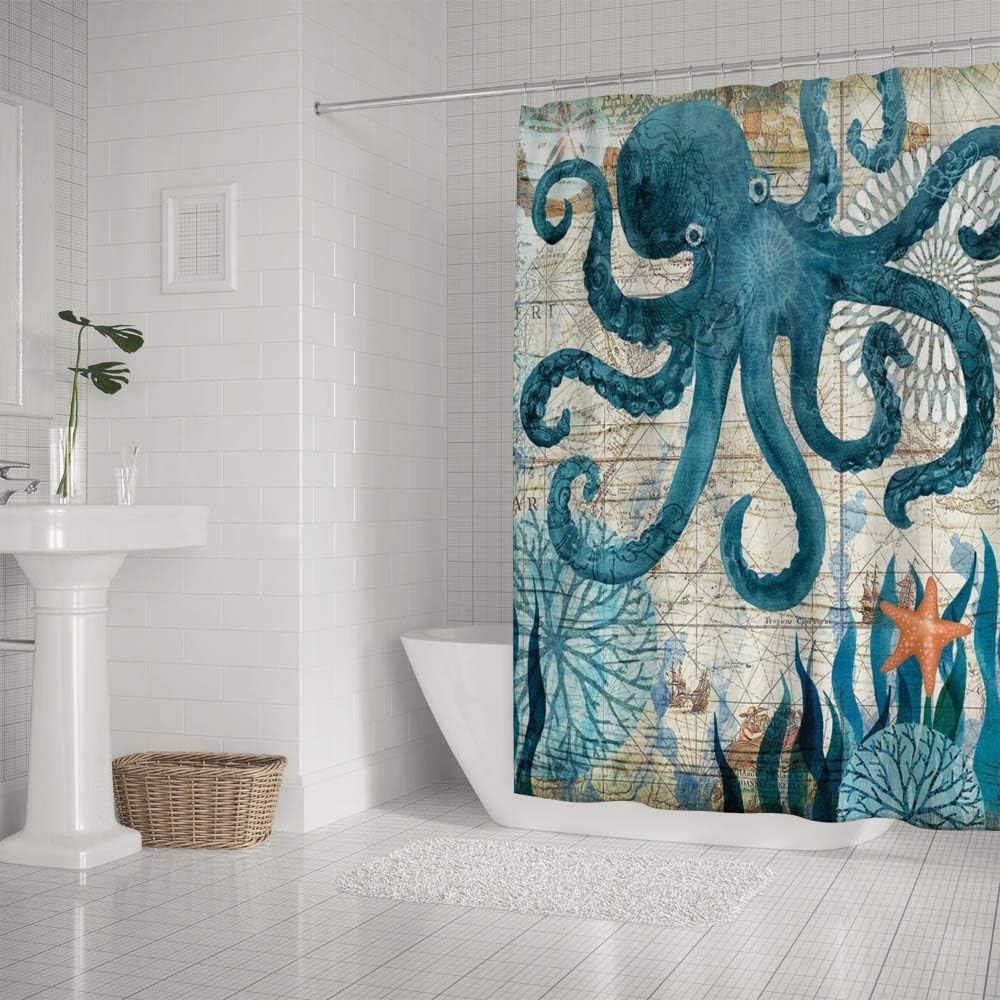 Vintage Marine Theme Octopus and Sea Monster Printed Waterproof Fabric Shower Curtain