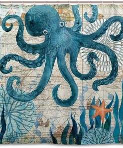 Vintage Marine Theme Octopus and Sea Monster Printed Waterproof Fabric Shower Curtain