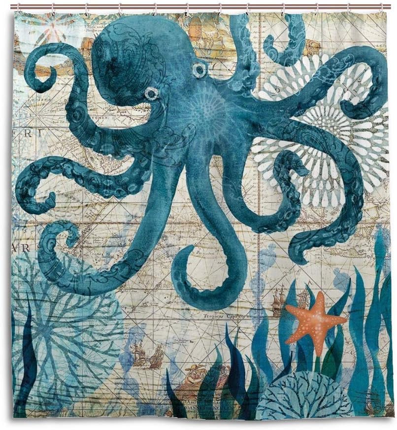 Vintage Marine Theme Octopus and Sea Monster Printed Waterproof Fabric Shower Curtain