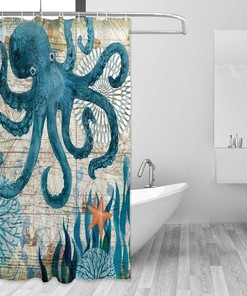Vintage Marine Theme Octopus and Sea Monster Printed Waterproof Fabric Shower Curtain