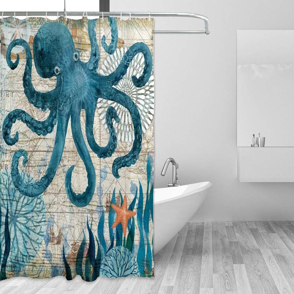 Vintage Marine Theme Octopus and Sea Monster Printed Waterproof Fabric Shower Curtain