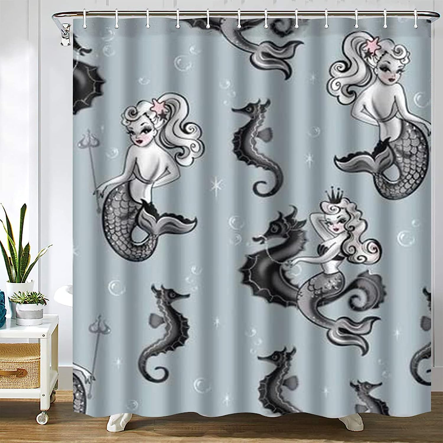 Vintage Mermaid Trident Shower Curtain for a Nautical and Coastal Theme Bathroom