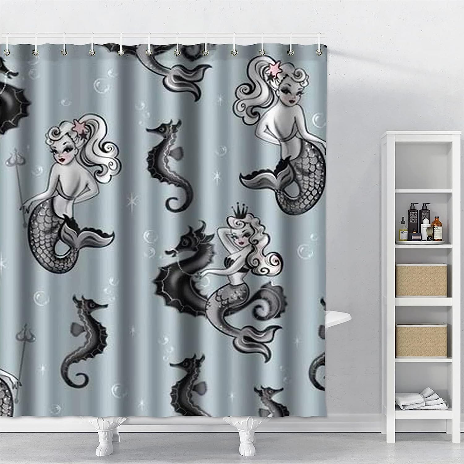 Vintage Mermaid Trident Shower Curtain for a Nautical and Coastal Theme Bathroom