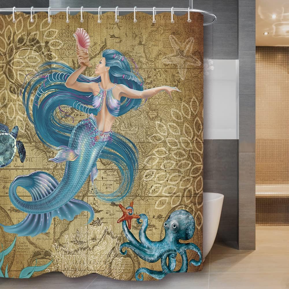 Vintage Mermaid Waterproof Shower Curtain For Bathroom