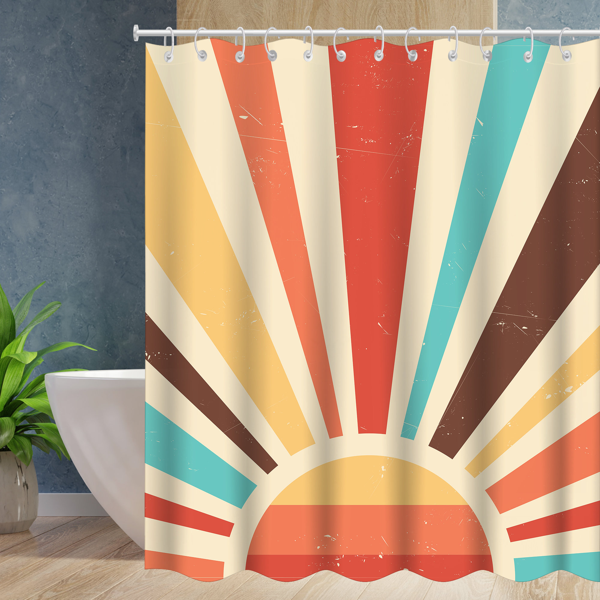 Vintage Minimalist Sun Shower Curtain - Retro Grunge Abstract Art Print for a Fun Bathroom