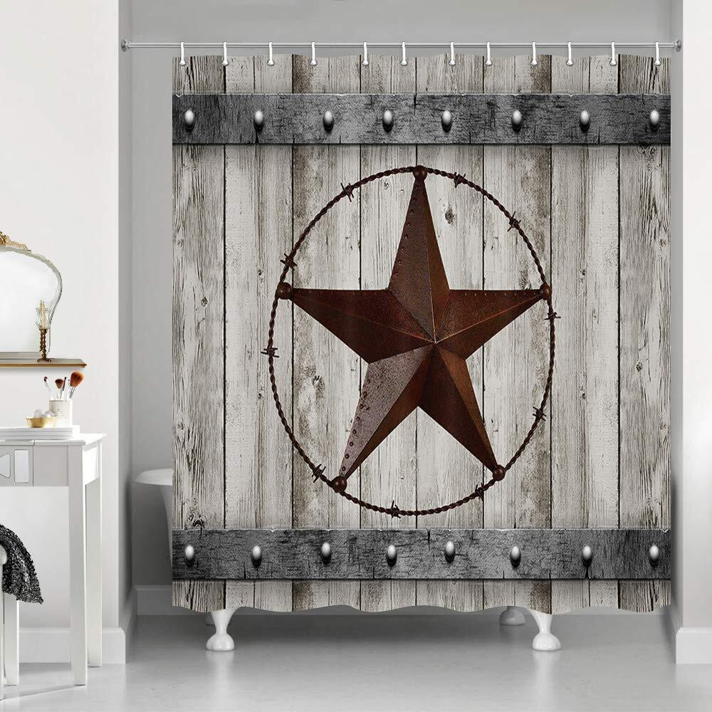 Vintage Modern Rustic Waterproof Red Star Fabric Shower Curtain
