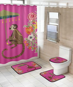 Vintage Monkey with Umbrella in Chinoiserie Style Print Shower Curtain for a Unique Bathroom Look