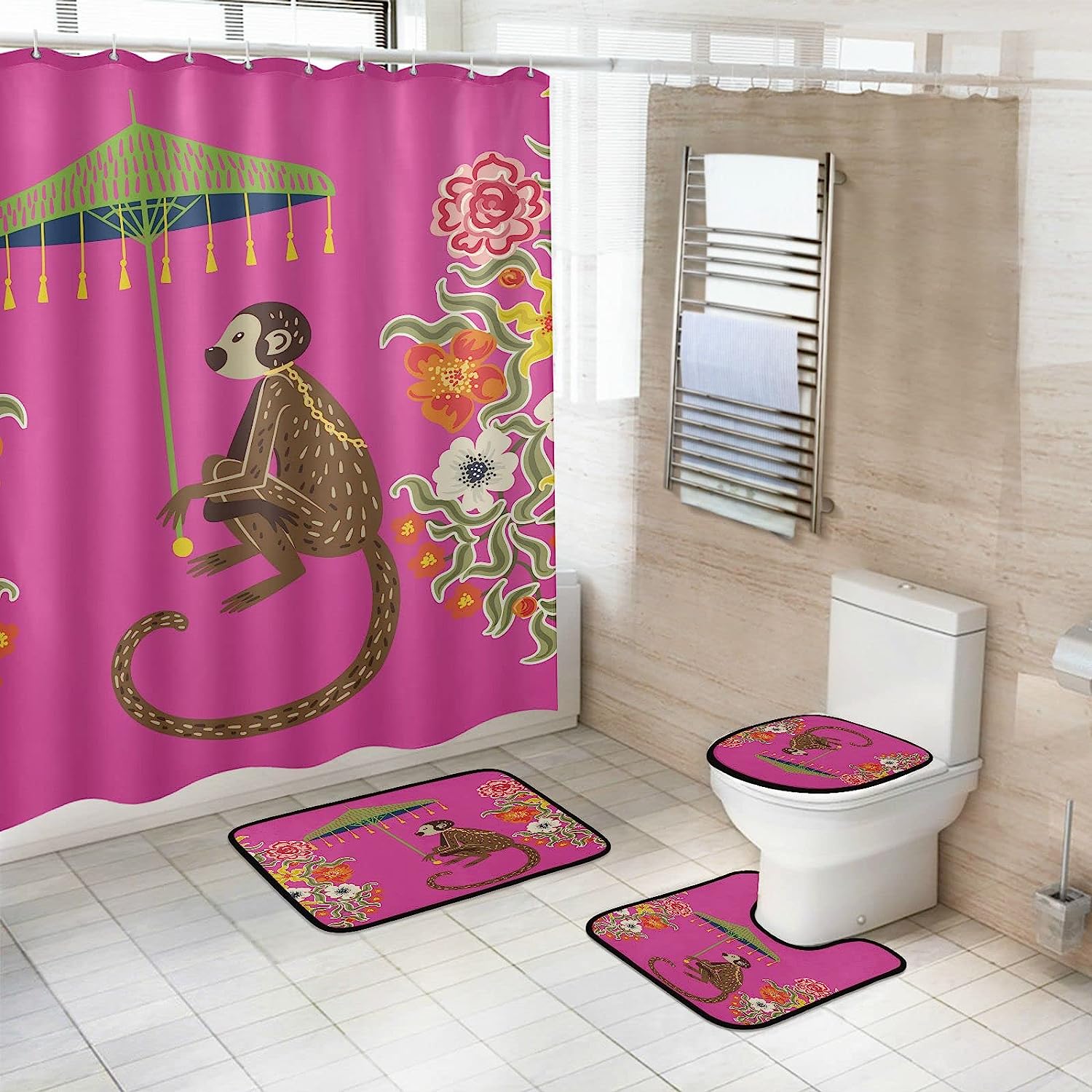 Vintage Monkey with Umbrella in Chinoiserie Style Print Shower Curtain for a Unique Bathroom Look