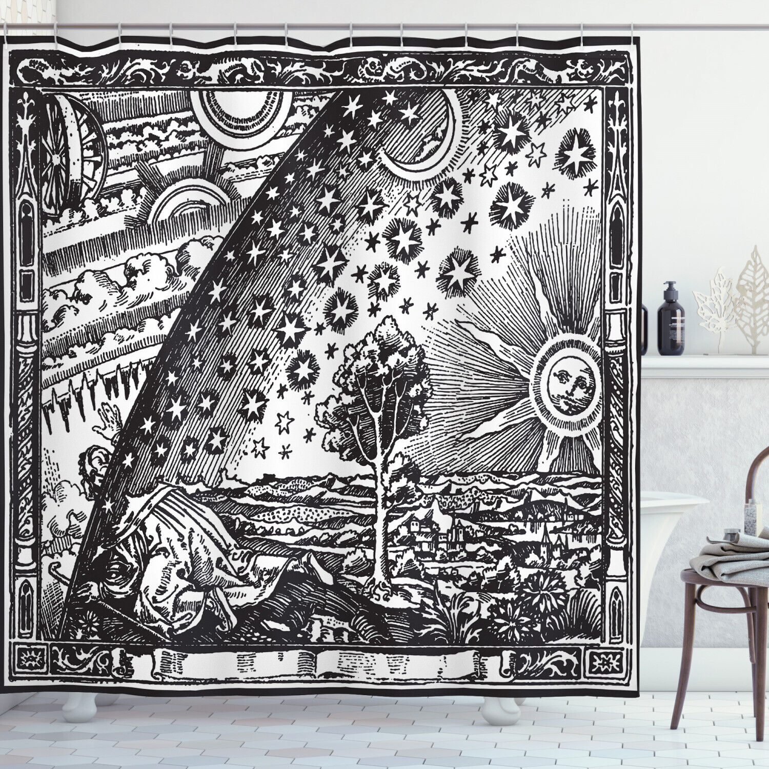 Vintage Moon and Planets Shower Curtain - Space Image Print Design for a Science-Inspired Bathroom