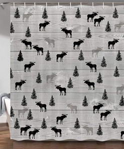 Vintage Moose Deer Pine Tree Lodge Shower Curtain with Gray and Black Wildlife Design
