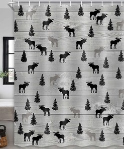 Vintage Moose Deer Pine Tree Lodge Shower Curtain with Gray and Black Wildlife Design