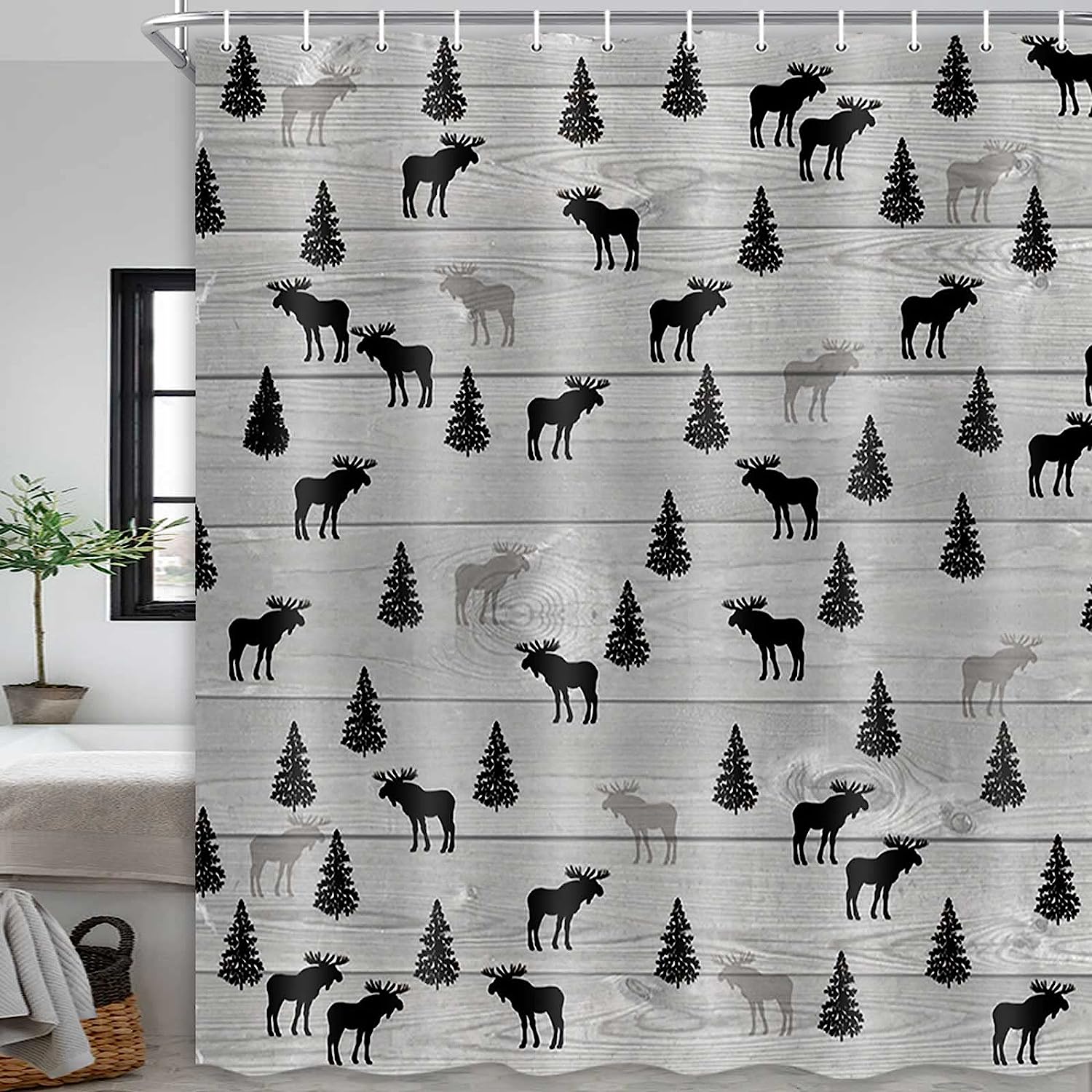 Vintage Moose Deer Pine Tree Lodge Shower Curtain with Gray and Black Wildlife Design
