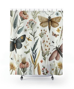 Vintage Moth Shower Curtain - Cottagecore Botanical Bathroom Decor With Floral Prints For Home Gift