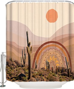 Vintage Mountain Plants Sun Clouds Fowers Desert Shower Curtain - Tropical Waterproof Bath Curtain