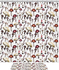 Vintage Mushroom Hand Painted Shower Curtain With Microfiber Accents, Machine Washable