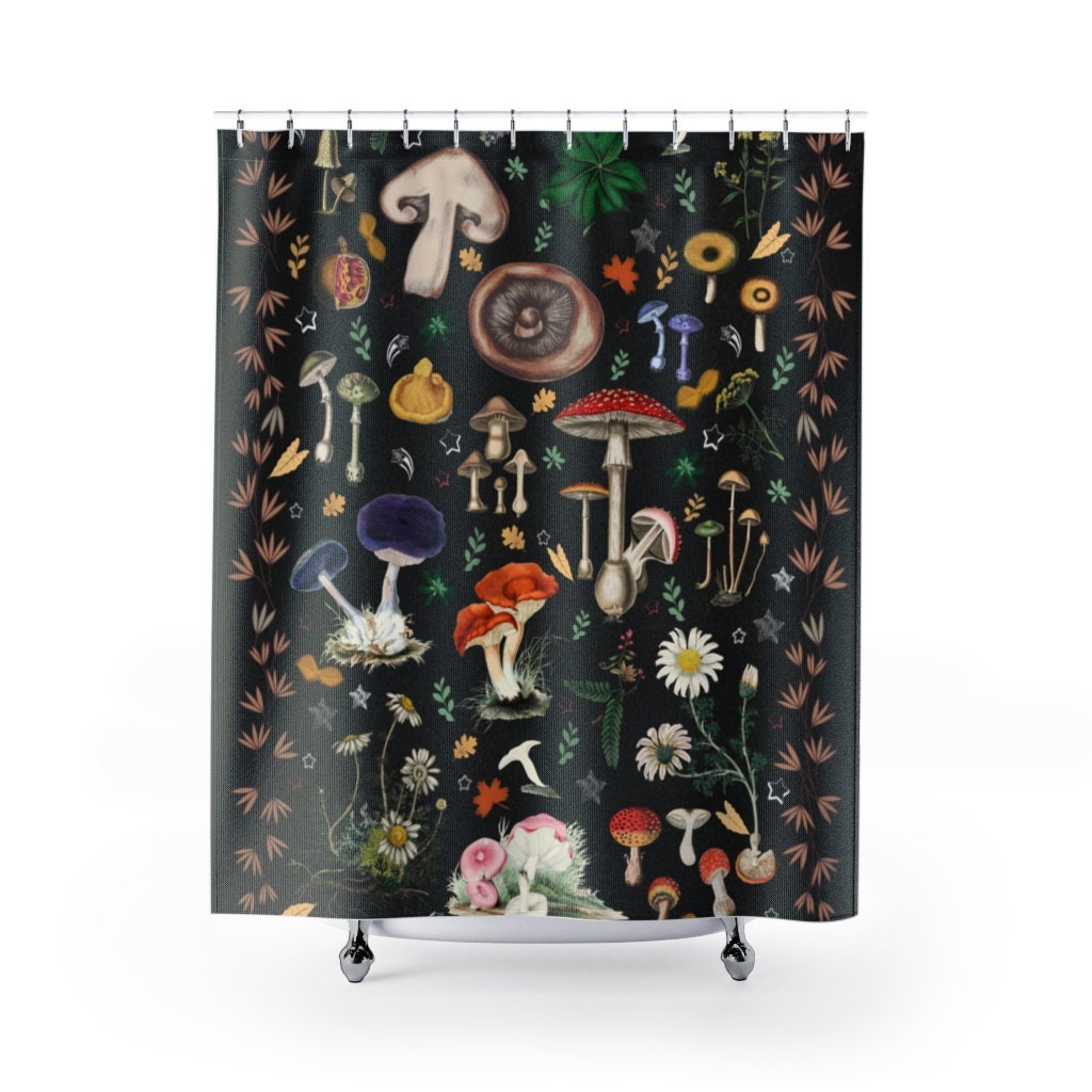 Vintage Mushroom Shower Curtain, Boho Home Decor with Plants, Botanical Bathroom Curtain