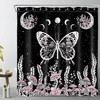 Vintage Mushroom Shower Curtain, Butterfly And Leaf On Starry Night Sky Black Fabric, Moon Phase Bathroom Curtains Set 