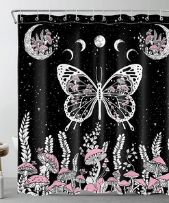 Vintage Mushroom Shower Curtain, Butterfly And Leaf On Starry Night Sky Black Fabric, Moon Phase Bathroom Curtains Set 