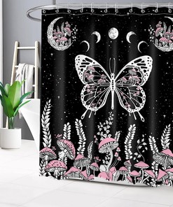 Vintage Mushroom Shower Curtain, Butterfly And Leaf On Starry Night Sky Black Fabric, Moon Phase Bathroom Curtains Set