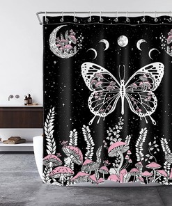 Vintage Mushroom Shower Curtain, Butterfly And Leaf On Starry Night Sky Black Fabric, Moon Phase Bathroom Curtains Set 