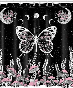 Vintage Mushroom Shower Curtain, Butterfly And Leaf On Starry Night Sky Black Fabric, Moon Phase Bathroom Curtains Set 