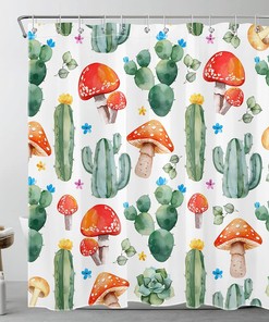Vintage Mushroom and Green Plant Floral Tropical Cactus Shower Curtain