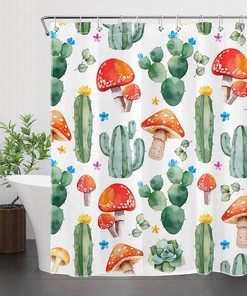 Vintage Mushroom and Green Plant Floral Tropical Cactus Shower Curtain
