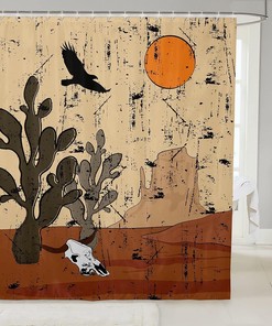 Vintage Natural Theme Shower Curtain with Cow Skull, Cactus and Scenery - Waterproof Bathroom Accessories for Bathtub