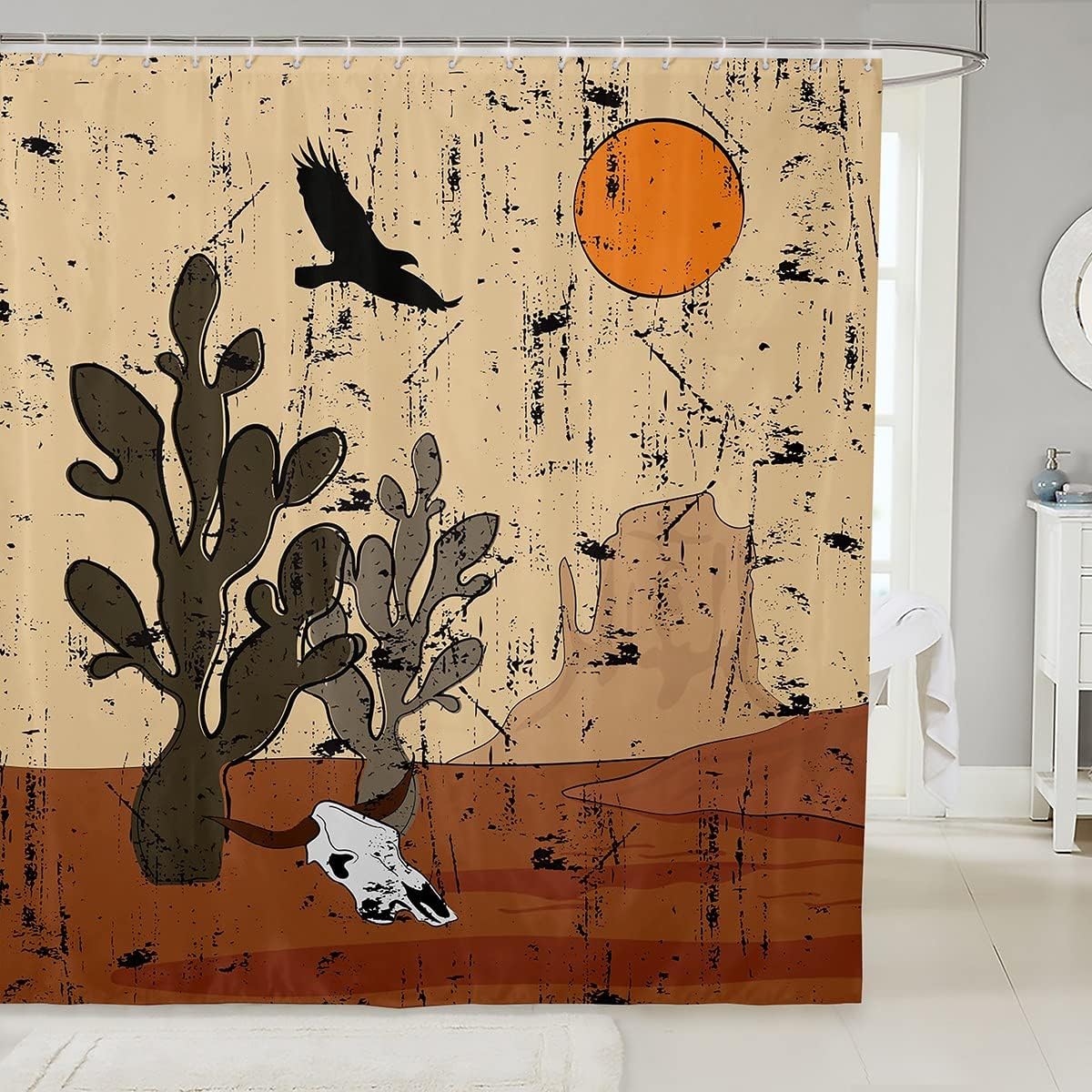 Vintage Natural Theme Shower Curtain with Cow Skull, Cactus and Scenery - Waterproof Bathroom Accessories for Bathtub