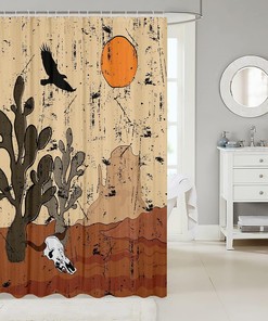 Vintage Natural Theme Shower Curtain with Cow Skull, Cactus and Scenery - Waterproof Bathroom Accessories for Bathtub