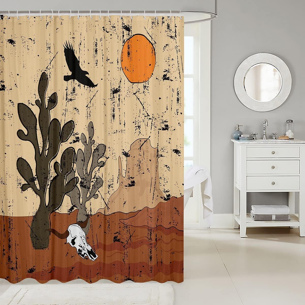 Vintage Natural Theme Shower Curtain with Cow Skull, Cactus and Scenery - Waterproof Bathroom Accessories for Bathtub