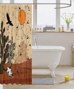Vintage Natural Theme Shower Curtain with Cow Skull, Cactus and Scenery - Waterproof Bathroom Accessories for Bathtub