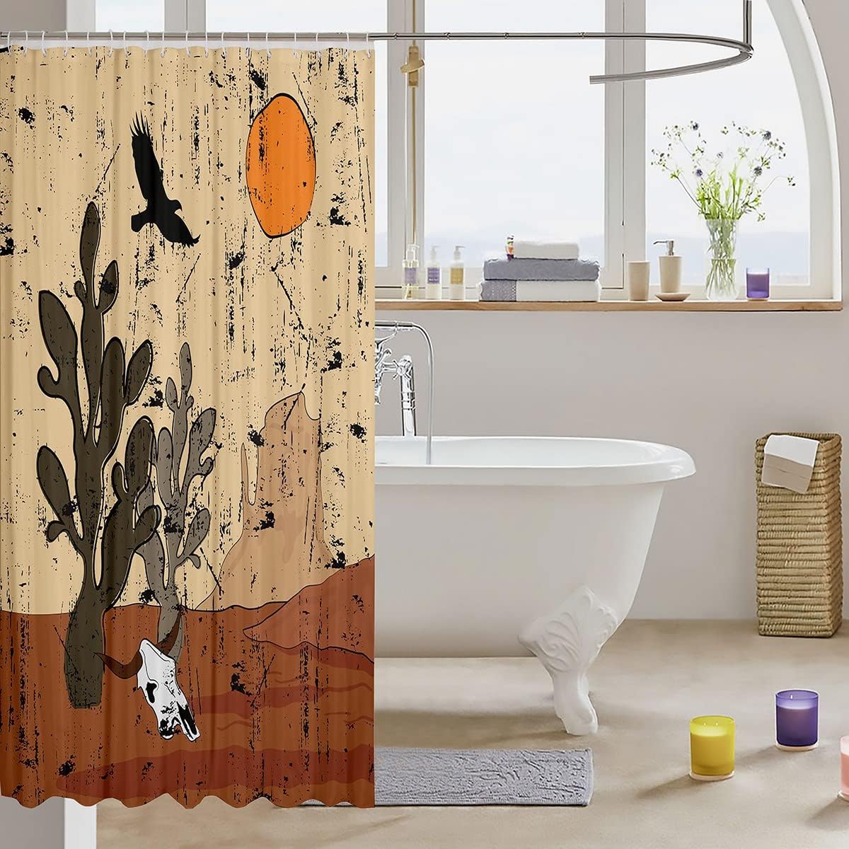 Vintage Natural Theme Shower Curtain with Cow Skull, Cactus and Scenery - Waterproof Bathroom Accessories for Bathtub