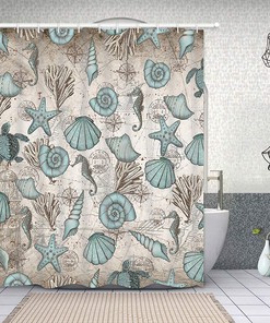 Vintage Nautical Bathroom Curtain - Beach And Ocean Shower Curtain With Turtle Coral, Starfish And Shells