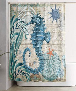 Vintage Nautical Ocean Map Shower Curtain with Seahorse, Seaweed, and Shell, 72x72 - Unique Shower Curtains
