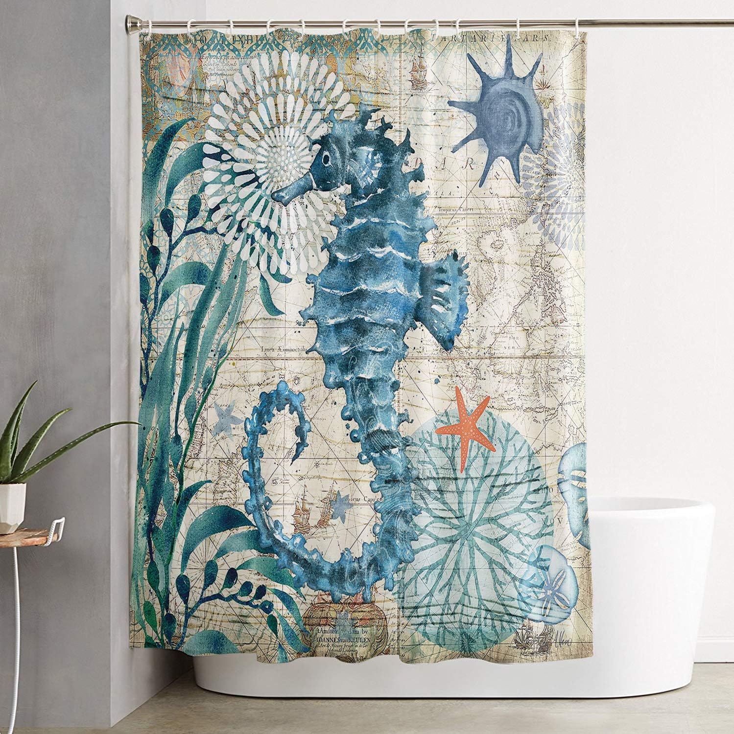Vintage Nautical Ocean Map Shower Curtain with Seahorse, Seaweed, and Shell, 72x72 - Unique Shower Curtains