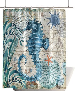 Vintage Nautical Ocean Map Shower Curtain with Seahorse, Seaweed, and Shell, 72x72 - Unique Shower Curtains