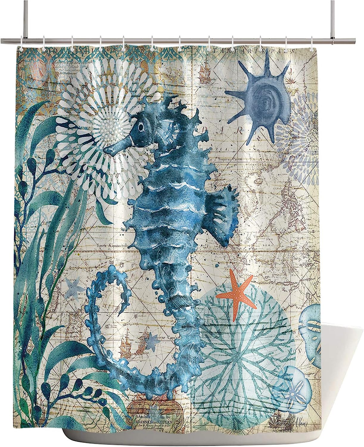 Vintage Nautical Ocean Map Shower Curtain with Seahorse, Seaweed, and Shell, 72x72 - Unique Shower Curtains